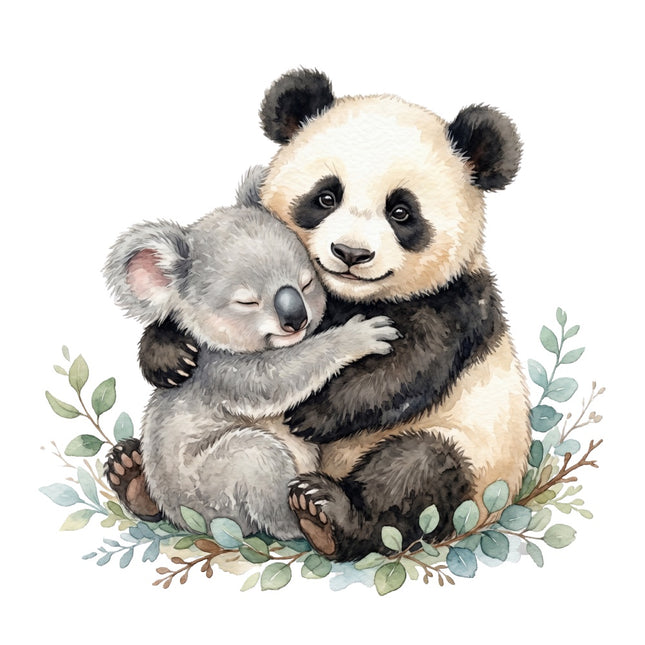 koala bear hugging a panda bear fabric panel