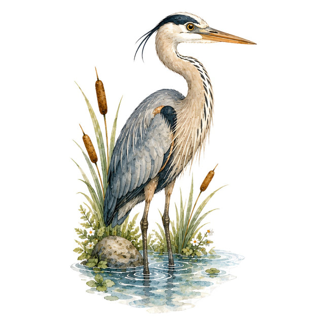 blue heron in pond fabric panel