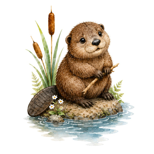 beaver on rock fabric panel
