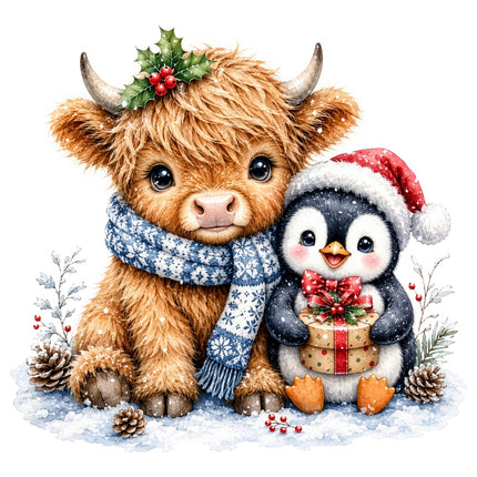 Christmas highland cow and penguin quilt square