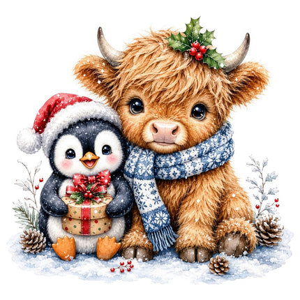 Christmas highland cow and penguin fabric panel