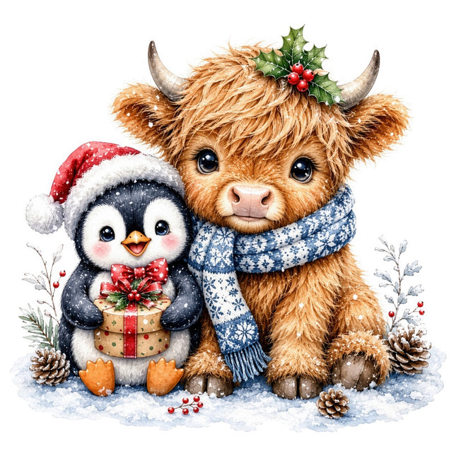 Christmas highland cow and penguin fabric panel