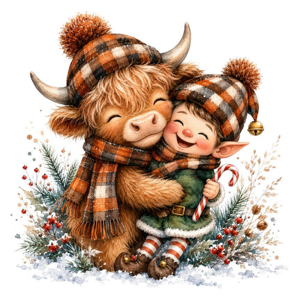 Christmas highland cow and elf quilt square