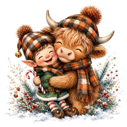 Christmas highland cow and elf fabric panel