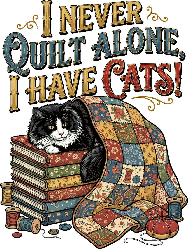 I NEVER QUILT ALONE, I HAVE CATS!' above a black-and-white cat resting on a stack of quilting books fabric panel