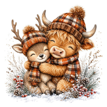 winter highland cow and deer fabric panel