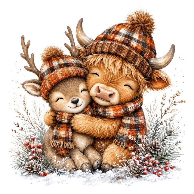 winter highland cow and deer fabric panel