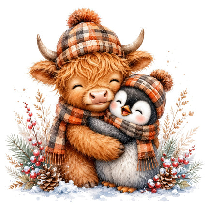Christmas highland cow and penguin quilt square