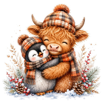 winter highland cow and penguin fabric panel