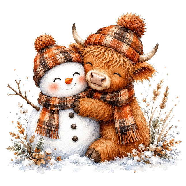 Christmas highland cow and snowman fabric panel