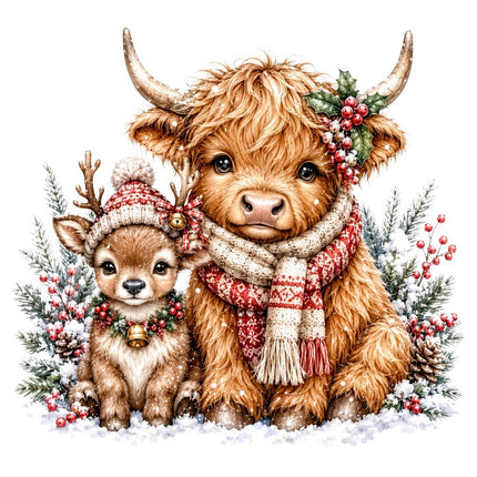 Christmas highland cow fabric panel
