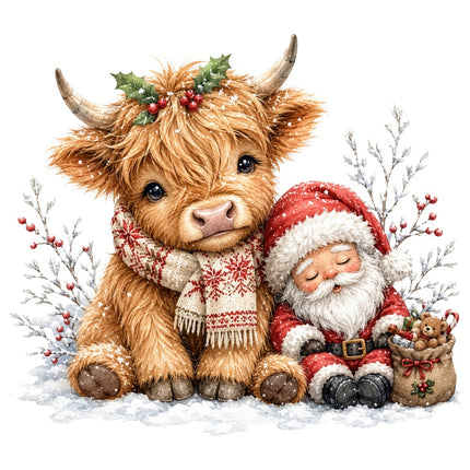 christmas highland cow fabric panel
