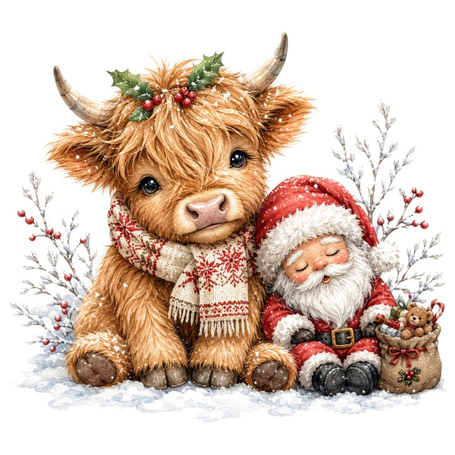 christmas highland cow fabric panel