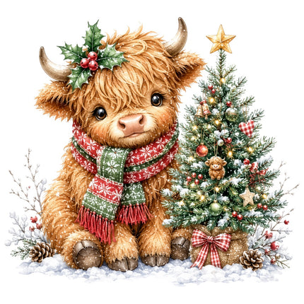 christmas highland cow fabric panel