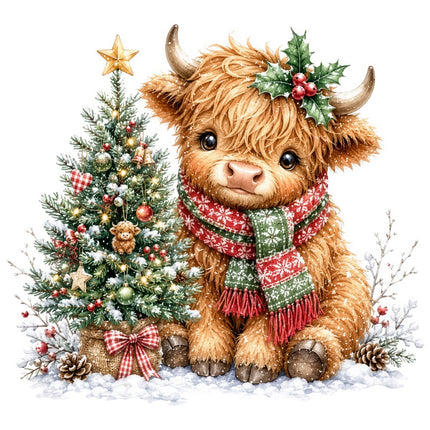 Christmas highland cow fabric panel