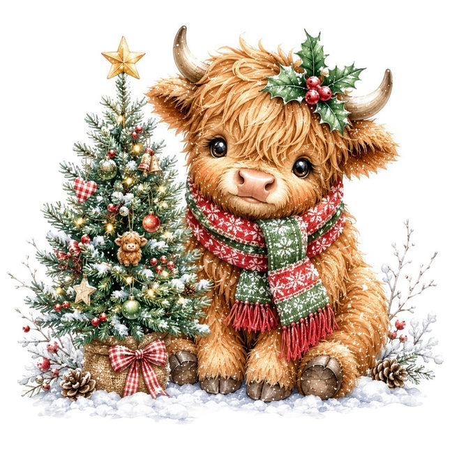 Christmas highland cow fabric panel