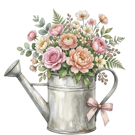 flowers in watering can fabric panel