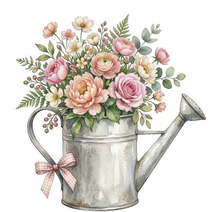 Floral Watering Can 100% Cotton Fabric Panel Block Quilt Square FLIP-ART4001