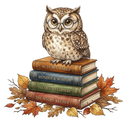 Autumn Owl on Stack of Books 100% Cotton Fabric Panel Block ART4016