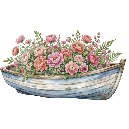 flowers in wooden boat fabric panel