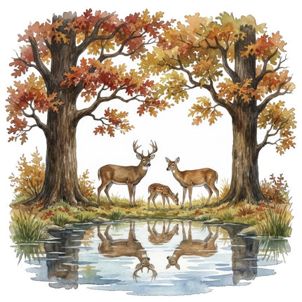 Deer Near Pond 100% Cotton Fabric Panel Block Quilt Square ART4036