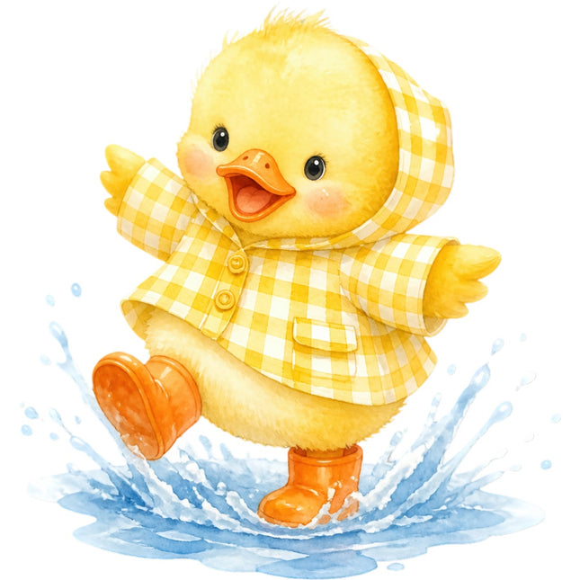 yellow duckling splashing in puddle quilt square