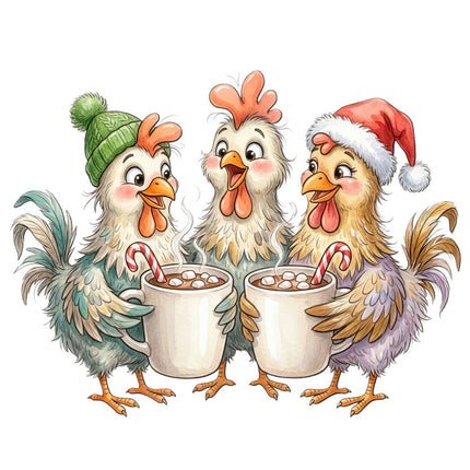 whimsical winter chickens fabric panel