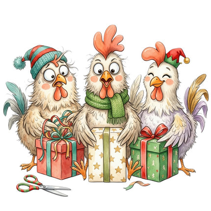 whimsical christmas chickens fabric panel