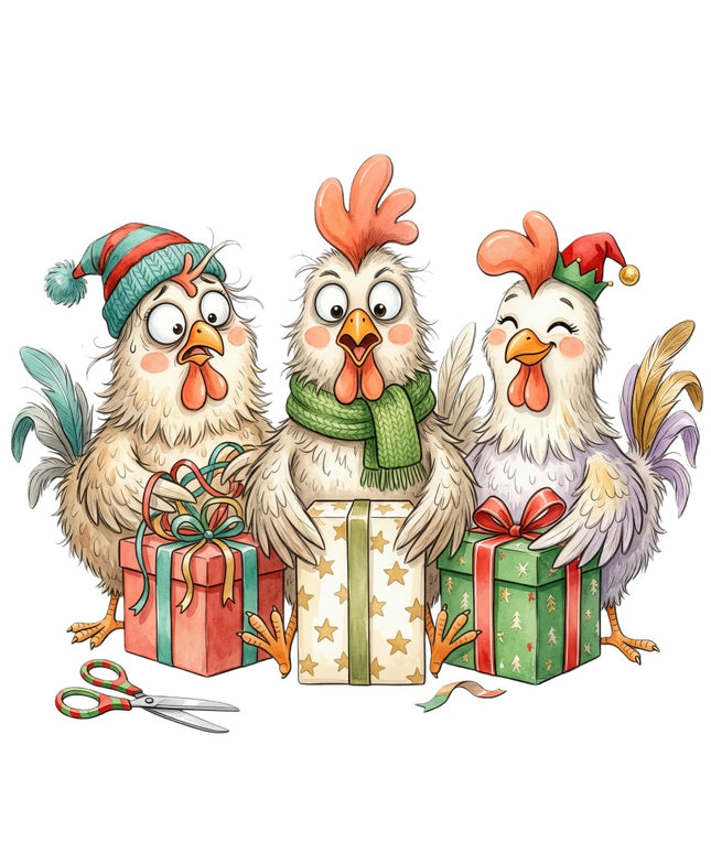 whimsical christmas chickens fabric panel