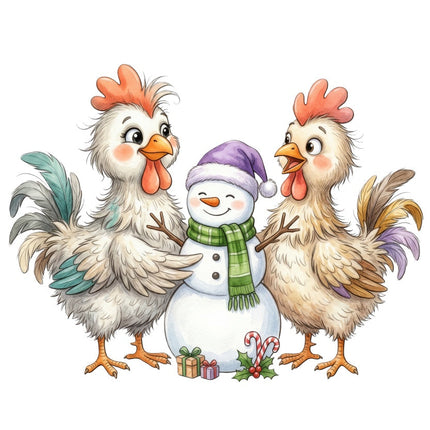 whimsical christmas chickens fabric panel