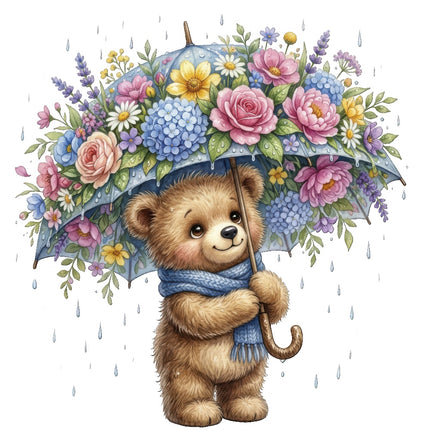 Floral Umbrella Bear 100% Cotton Fabric Panel Block Quilt Square ART4810