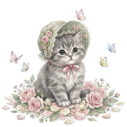 Cat Kitten & Butterflies 100% Cotton Fabric Panel Block Quilt Square ART4801