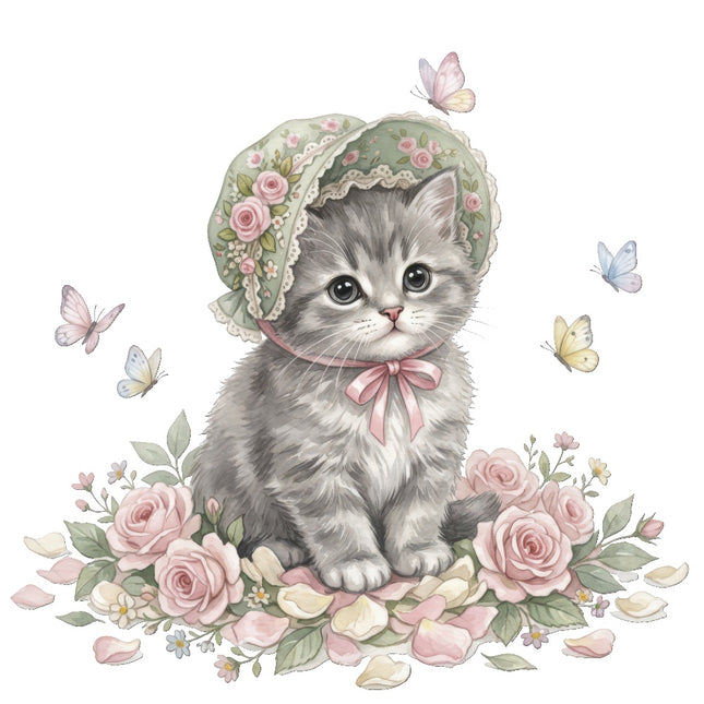 Cat Kitten & Butterflies 100% Cotton Fabric Panel Block Quilt Square ART4801