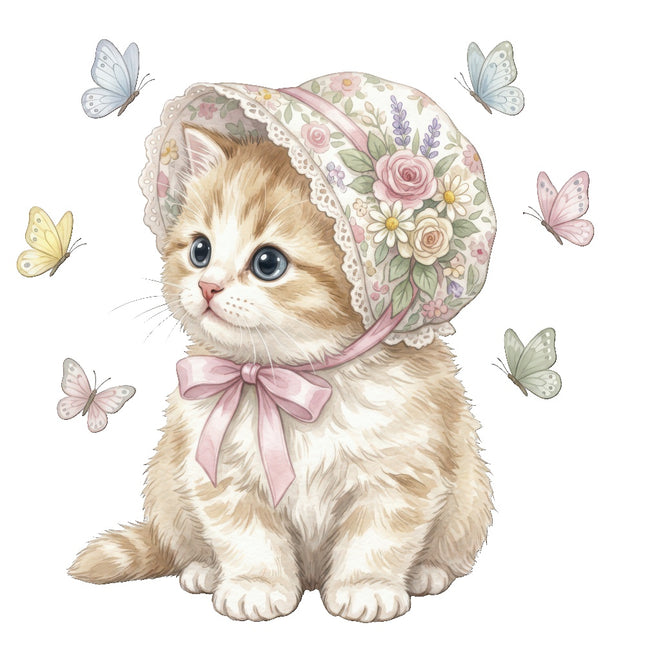 Cat Kitten & Butterflies 100% Cotton Fabric Panel Block Quilt Square ART4817