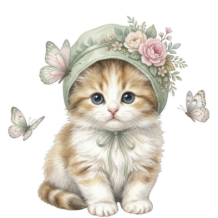 Cat Kitten & Butterflies 100% Cotton Fabric Panel Block Quilt Square ART4830