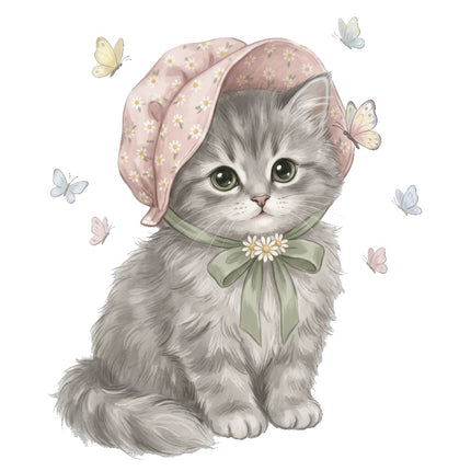 Cat Kitten & Butterflies 100% Cotton Fabric Panel Block Quilt Square ART4833
