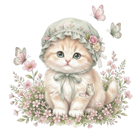 Cat Kitten & Butterflies 100% Cotton Fabric Panel Block Quilt Square ART4839