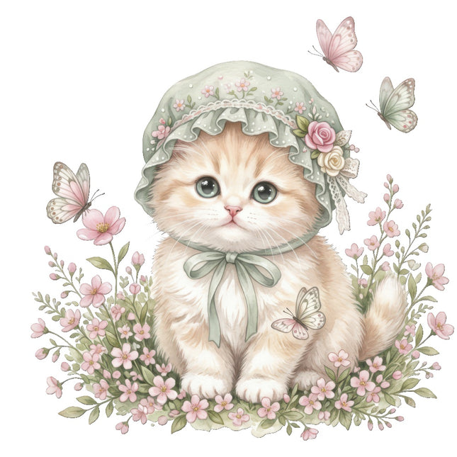 Cat Kitten & Butterflies 100% Cotton Fabric Panel Block Quilt Square ART4839