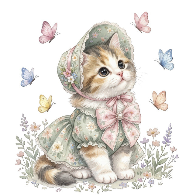 Cat Kitten & Butterflies 100% Cotton Fabric Panel Block Quilt Square ART4842