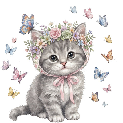 Cat Kitten & Butterflies 100% Cotton Fabric Panel Block Quilt Square ART4920