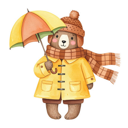 Autumn Fall Bear With Umbrella 100% Cotton Fabric Panel Block FLIP-ART545