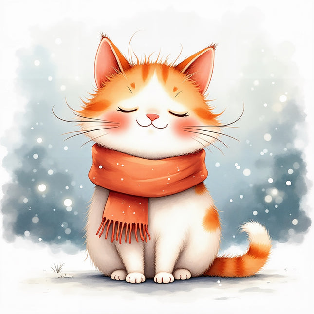 winter cat wearing scarf fabric panel