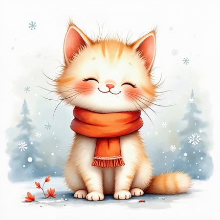 winter cat wearing scarf fabric panel