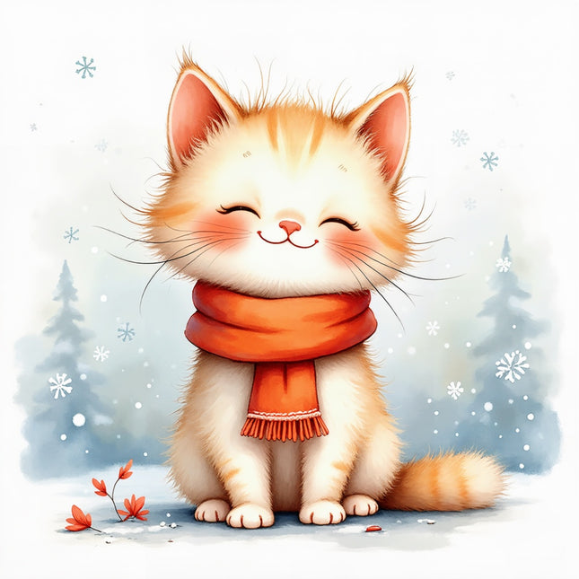 winter cat wearing scarf fabric panel