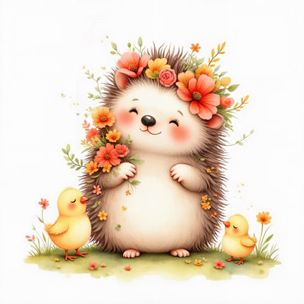 Floral Hedgehog & Yellow Chicks 100% Cotton Fabric Panel Block FLIP-ART604