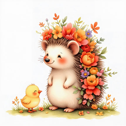 Floral Hedgehog & Yellow Chick 100% Cotton Fabric Panel Block FLIP-ART611