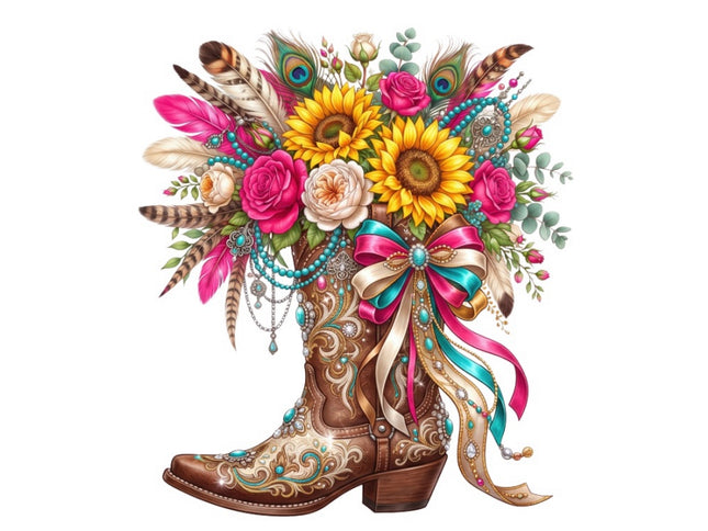 Floral Cowboy Boot 100% Cotton Fabric Panel Block FLIP-ART7444