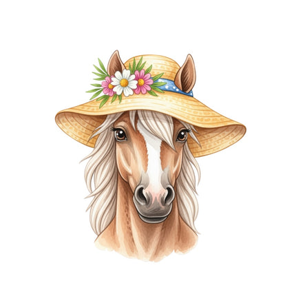 horse wearing straw hat fabric panel