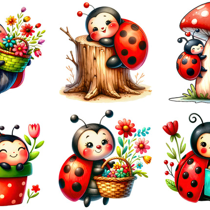 6 Piece 5"x5" Ladybugs 100% Cotton Fabric Panel Squares Quilting Blocks