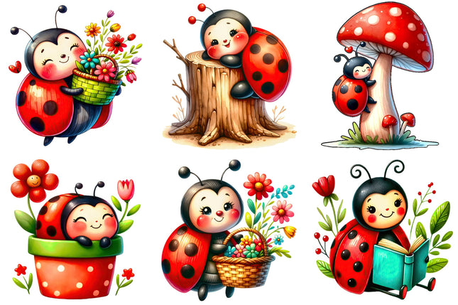 6 Piece 5"x5" Ladybugs 100% Cotton Fabric Panel Squares Quilting Blocks